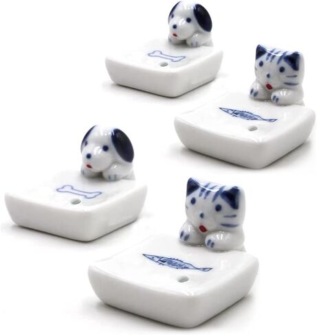Set of 2, Japanese Mini Cute Kitty Cat with Dog Handmade White Ceramic Incense Stick Holder or Incense Burner Holder, Inscent Tray for Home Decor Yoga Spa Meditation, 1.42 inches in Kuwait
