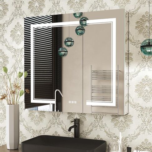 خزانة طبية LED من Benime مقاس 24 × 32 بوصة، خزانة طبية مضاءة مع: تخزين كبير، خزانة طبية سطحية أو غائرة مع أضواء، مزيل ضباب، تعتيم بدون خطوات ودرجات حرارة اللون، 2 منافذ وUSB، 3 أرفف in Kuwait