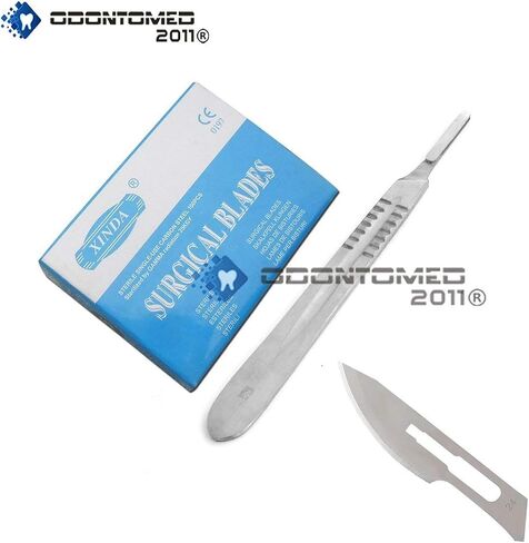 OdontoMed2011 Box of 100 Pieces Carbon Steel Scalpel Blade Sterile #24 with Free Handle # 4 Stainless Steel Scalpel Handle in Saudi Arabia