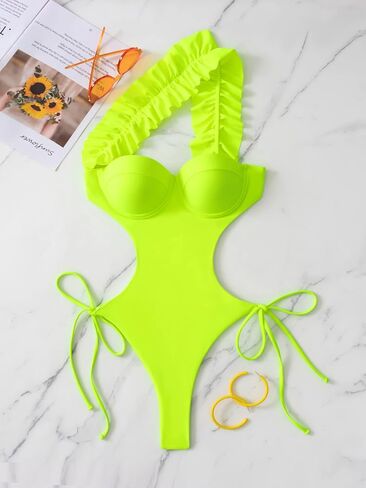 WDIRARA Women's Ruffle Trim Tie Side One Shoulder Backless One Piece Swimsuit in Saudi Arabia