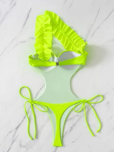 WDIRARA Women's Ruffle Trim Tie Side One Shoulder Backless One Piece Swimsuit in Saudi Arabia