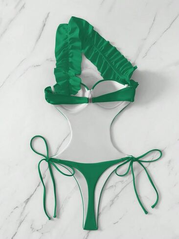 WDIRARA Women's Ruffle Trim Tie Side One Shoulder Backless One Piece Swimsuit in Saudi Arabia