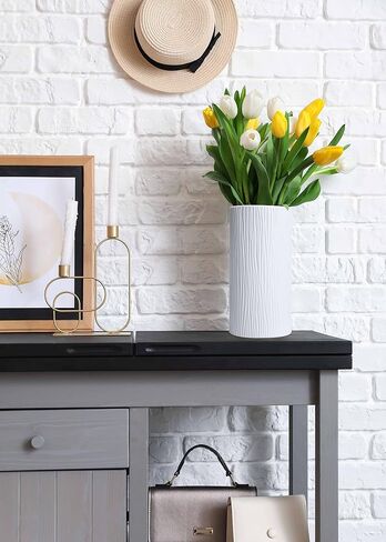 D'vine Dev 10 Inch Cylinder Vase, White Waterfall Textured Ceramic Flower Vase for Home Décor, VS-WF-B-2 in Saudi Arabia