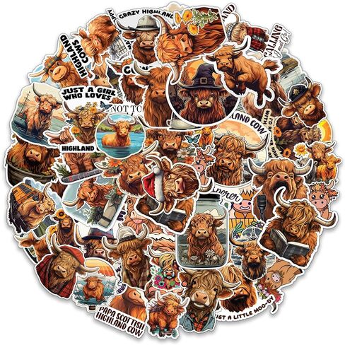 Highland Cow Stickers 50 Pieces Vinyl Waterproof Decal for Laptop Water Bottle Phone Car Window Bike Motorcycle Stakeboard Scrapbook Highland Cows Sticker Gifts for Kid Teen Adult in Saudi Arabia