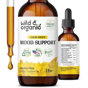 Wild & Organic Mood Support Drops - Good Mood Supplements w/Ashwagandha Root & Rhodiola Rosea - Natural Liquid Drops for Positive Energy - Calm and Relax Supplements for Women and Men - 2 oz