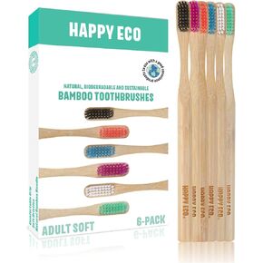 HAPPY ECO Bamboo Toothbrushes (6 Pack) - Soft Bristle Toothbrush for Adults & Kids - Biodegradable Natural Toothbrush - Wooden Tooth Brush Pack