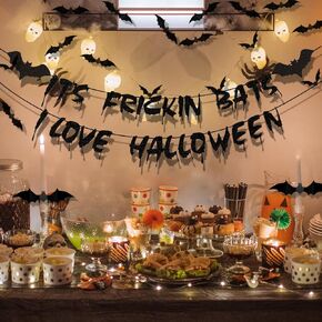 Glittery Halloween Theme Party Decorations, 110 Pcs Banner Sticker Bats Halloween Supplies Red and Black Party Banner for Home Room Hanging Supplies Decor Bunting Banner Indoor Outdoor