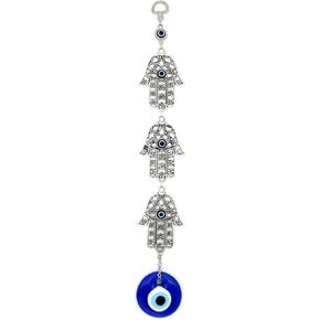 Demiwares Evil Eye Protection Charm, Hamsa Fatima Holy Hand with Evil Eye Glass, Metal Wall Hanging Home Decor for Good Luck and Blessings, Handmade Turkish Ornament (Triple Hand)