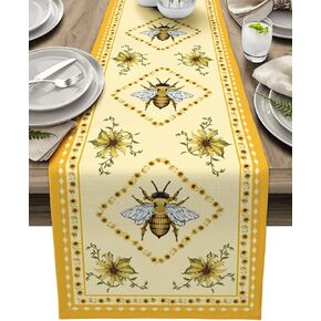 Bee Table Runner 36 Inches Long,Farmhouse Yellow Daisy Linen Burlap Tables Runners,Summer Dresser Scarves for Kitchen Dining Party Banquet Decor,Bumblebee Honey Bee Flowers