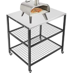 Outdoor Pizza Oven Stand Grill Cart Table Pizza Oven Trolley Stand Stainless Steel Table on Wheels Dining Food Prep Table BBQ Grill Stand for Kitchen Patio Backyard Garden 80x60x90cm