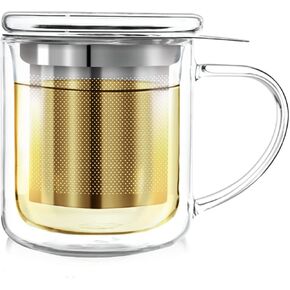 Teabloom Personal Tea Maker - Insulated Heatproof Glass Cup with Loose Tea Infuser and Lid/Coaster - Borosilicate Glass Infusion Mug (8 Oz)