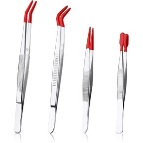 4pcs Tweezers with Rubber Tips, Stainless Steel Coated Tweezers Tools Includes Straight Tip Flat Tip Long Curved Tweezers Jewelry Tweezers for Crafts Jewelry Making Lab (Black)