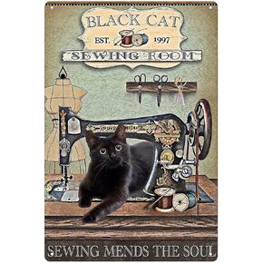 Black Cat Vintage Metal Tin Sign,Sewing Room Retro Wall Plaque Poster Cafe Bar Pub Beer Club Wall Home Decor 8x12 inch