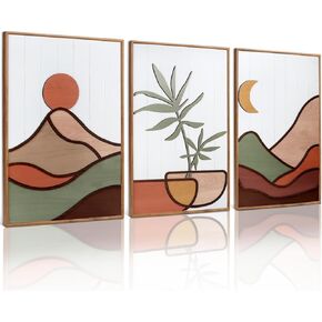 TOARTi 3PCS Framed Mid Century Modern Wood Wall Art Set (16"x24"), 3D Boho Abstract Nature Wall Decor, Minimalist Geometric Sun Moon Plant Mountain Decor for Bedroom Living Room Office