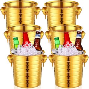 Pinkunn 6 Pack Gold Stainless Steel Champagne Bucket 3 Qt Metal Ice Bucket Double Wall Wine Bucket with Handles Party Beverage Chiller for Champagne Beer Cocktail Wine Drinks Home Bar Accessories