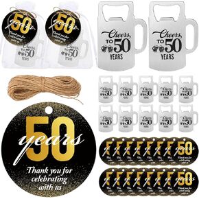 Havawish 25 Sets 50th Birthday Favors for Guests Beer Shape Bottle Openers Cheers to 50 Years Bottle Opener with Thank You Card Organza Bags and Hemp Rope 50th Anniversary Party Favors for Guests