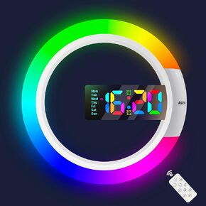 Large LED Digital Wall Clock, 12 inch Round Wall Alarm Clock with Remote Conrol RGB Night Light Temperature Week Dual Alarms Wall Electronic Clocks for Living Room Bedroom Home Office
