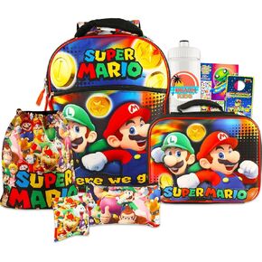 Super Mario Backpack Set - Bundle of a 16" Backpack, Lunch Bag, Water Bottle, Cinch, Gadget Case, Create-A-Face Stickers, More | Luigi School Supplies