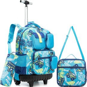 Meetbelify Boys Rolling Backpack with Wheels Kids Travel Luggage with Lunch Box Pencil Case for Elementary Students 18inch Carry on Suitcase for Boys Ages 8-10