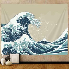Japanese Ocean Wave Tapestry Wall Hanging, Asian Anime Mount Fuji Century Wall Tapestries Aesthetic Room Wall Art Decor for Bedroom Living Room Office, Blue White Posters 60X40IN