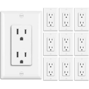 BESTTEN 10 Pack 15 Amp Decor Receptacle Outlet for Residential and Commerical Use, 15A/125V/1875W, Decorator Wallplate Included, UL Listed, White