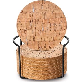 LIFVER 8 Packs Cork Coasters for Drinks, Outdoor Coasters with Holder, 4 Inches Drink Coasters with Cork Bases, for Tabletop Protection, Ideal Housewarming Gifts, Home Decor