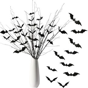 JUNEBRUSHS 8PCS Curly Willow Branches 29.5 Inch Artificial Bendable Stems Black Branches with 32Pcs Halloween Bat Stickers for Halloween Wreath Home Party Decorations