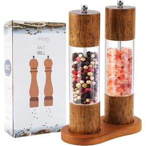Ruiqas Acrylic Salt and Pepper Grinder with Wooden Tray Set of 2 Manual Shakers Salt and Pepper Mills with Adjustable Grain Size 8in Tall
