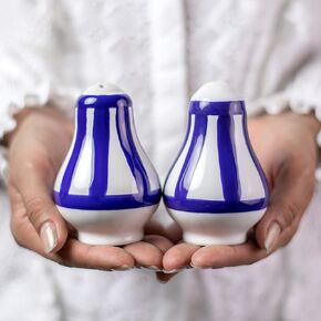 Handmade Dark Navy Blue Stripe Ceramic Salt and Pepper Pots, Shakers, Cruet Set, Holder, Housewarming Gift by City to Cottage®