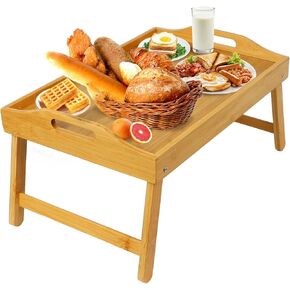 MorTime Bed Tray Table with Folding Legs, Bamboo Breakfast Tray with Handles for Bed, Sofa, Eating, Working, Foldable Laptop Desk Food Snack Tray Serving Tray