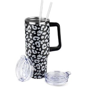 40 oz Tumbler with Handle and Straw Lid | Stainless Steel Water Bottle Travel Mug Reusable Insulated Cup With Lid And Straw, 100% Leak Proof, Keep Cold Heat and Ice for Hours(40oz,Black)