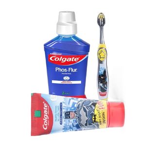 Colgate Kids Complete Dental Care Batman Anticavity Toothpaste 80g and PhosFlur Mint MouthWash 500ml with BatmanToothbrush Extra Soft with Tongue Cleaner for Children Above 6 Years