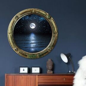 17 in x 17 in Moon Above Sea Night Dawn Scenery Series Porthole Fake Window Removable Wall Decals Swimming Sea Fish Waterproof Wall Stickers for Childrens Playroom Nursery Bathroom