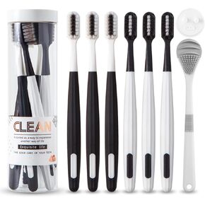 Toothbrushes, Adult soft toothbrush (6 packs),Tongue brush (1 pack), for sensitive gums, oral cleaning and reducing halitosis [family pack]