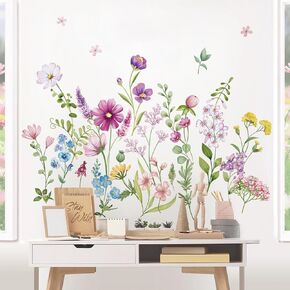 wondever Pink Wildflower Wall Stickers Garden Flower Daisy Butterflies Floral Botanical Wall Art Decals for Bedroom Living Room Sofa