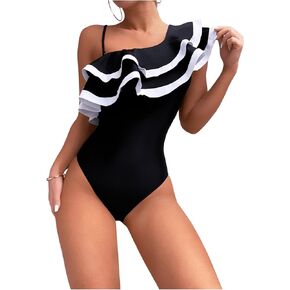 Floerns Women's Striped Trim Asymmetrical Ruffle Layered One Piece Swimsuit Beach Bathing Suit