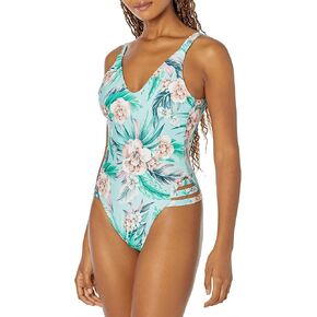 BECCA Women's Standard Rebecca Virtue Print Play High Leg One Piece Swimsuit-Open Back, Cut-Out Sides, Bathing Suits