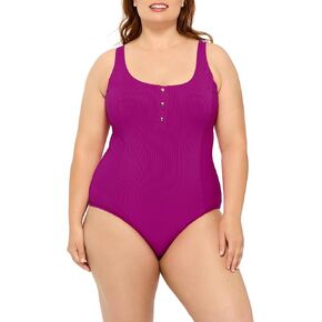 Women's Princess Seam Rib Tank with Gold Faux Buttons Plus Swimsuit