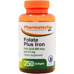 Folic Acid 800 mcg Plus Iron 27 mg Supplement for women, Vitamin B9, Folate Prenatal, Fast Absorption, made in USA, 250 Softgels