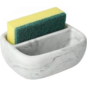 MyGift Modern Black Resin Double Sponge Holder with Realistic Marble Pattern for Kitchen Sink Countertop, Dish Cleaning Sponges or Scrubbing Pads Bowl with 2 Compartments