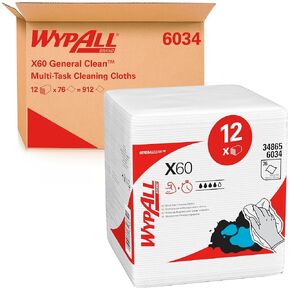 WypAll GeneralClean X60 Multi-Task Cleaning Cloths (34865), Quarterfold, Strong and Absorbent Towels, White (76 Sheets/Pack, 12 Packs/Case, 912 Sheets/Case)