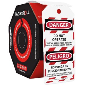 100 علامة قفل من Accuform من The-Roll، خطر ثنائي اللغة لا يعمل/Peligro No Ponga en Funcionamient، علامات متوافقة مع إدارة السلامة والصحة المهنية الأمريكية، بطاقات PF مقاومة للتمزق والماء، 6.25 بوصة × 3 بوصة، TAR460