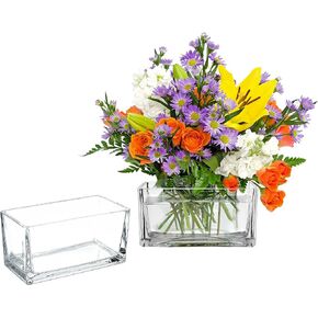 7.5 Inch Modern Clear Glass Rectangle Block Vase, Centerpiece for Wedding, set of 2