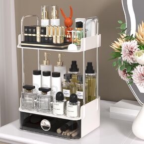 Bathroom Counter Organizer, 2 Tiered Organizer Countertop with Drawer, Makeup and Skincare Storage for Vanity, Desktop, Bathroom (White)