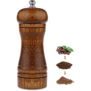 Wood Pepper Grinder, 5 Inch Pepper Mill Refillable Oak Wooden Peppermill with Ceramic Grinding Mechanism Adjustable Coarse to Fine for Home Use