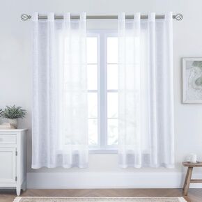 White Faux Linen Textured Sheer Window Curtains, Semi Voile Drapes with Anti-Rust Silver Grommets for Bedroom, Living Room, Dinning Room, Set of 2, 54x63 inches