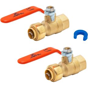 SUNGATOR Pushfit Female Ball Valve, 1/2 Inch PTC x 1/2 Inch FNPT, No Lead Brass Push-to-Connect Plumbing Fittings to Connect PEX, Copper, CPVC, PE-RT, With A Disconnect Clip, Pack of 2