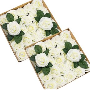 Foraineam 50pcs Artificial Roses Flower Real Looking Foam Rose Fake Flowers with Stem & Leaves for DIY Wedding Bouquets Centerpieces Party Home Decorations (Blush)