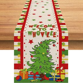Whoville Christmas Table Runner 90 Inchs Welcome to Whoville Grinch Cotton Linen Table Runner Seasonal Winter Christmas Holiday Kitchen Dining Table Decoration for Home Party Decor 13"x 90"