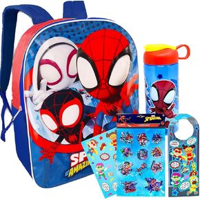 Spiderman Backpack for Boys 4-8yrs w/Padded Straps & Large Compartment - Kindergarten Backpack for Boys, Includes Spidey Water Bottle, 3D Puffy Stickers & More - Toddler Spiderman Backpack, Medium
